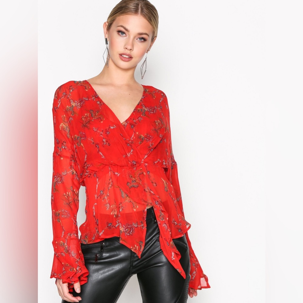 IRO linette long sleeve 100% viscose red summer vacation  draped sleeves blouse